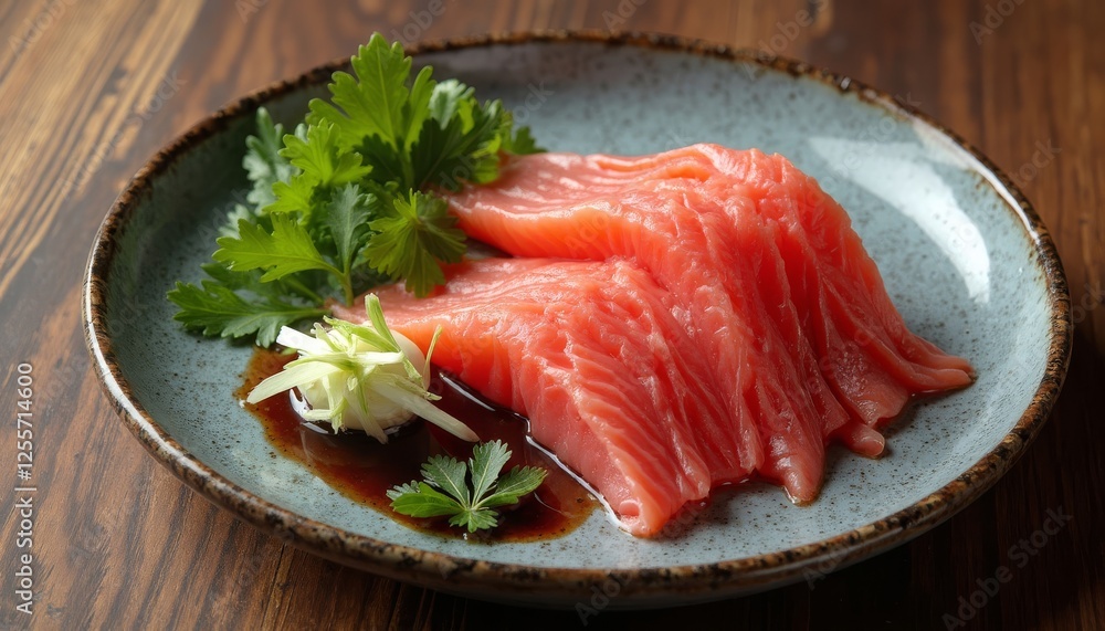 Exquisite presentation of fresh salmon sashimi garnished with herbs and soy sauce Exquisite presentation of fresh salmon sashimi garnished with herbs and soy sauce