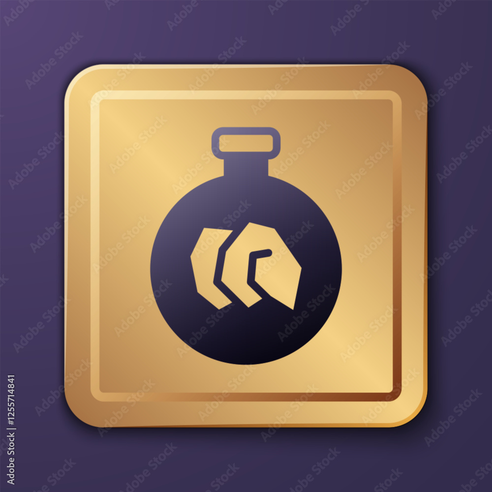Purple Exhibition with various minerals, rocks and crystals icon isolated on purple background. Minerals exhibition, mineralogy, geology expo or museum. Gold square button. Vector Purple Exhibition with various minerals, rocks and crystals icon isolated on purple background. Minerals exhibition, mineralogy, geology expo or museum. Gold square button. Vector