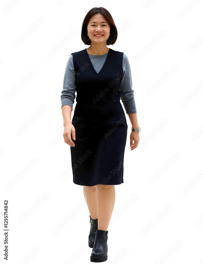 A woman with shoulder-length black hair walks confidently in a black dress, gray top, and black boots.