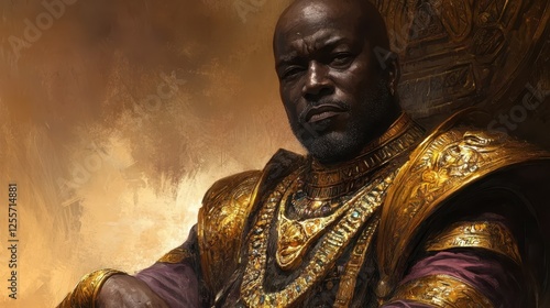 Dignified black king in golden royal robe sitting in dimly lit ancient chamber, symbolizing legacy