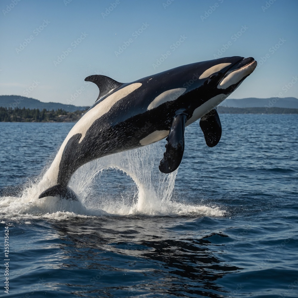 Fototapeta premium A majestic adult killer whale (Orcinus orca) powerfully breaches the ocean surface, its sleek black and white body glistening under the sunlight.