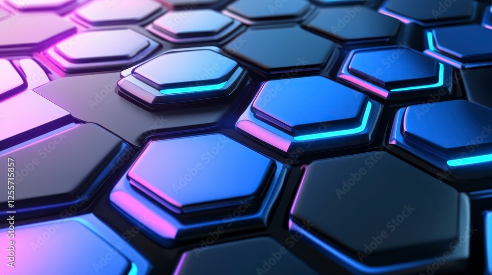Abstract hexagonal pattern in dark bluish purple and black, with a glowing neon effect in light purple and blue. The hexagons have a three Abstract hexagonal pattern in dark bluish purple and black, with a glowing neon effect in light purple and blue. The hexagons have a three