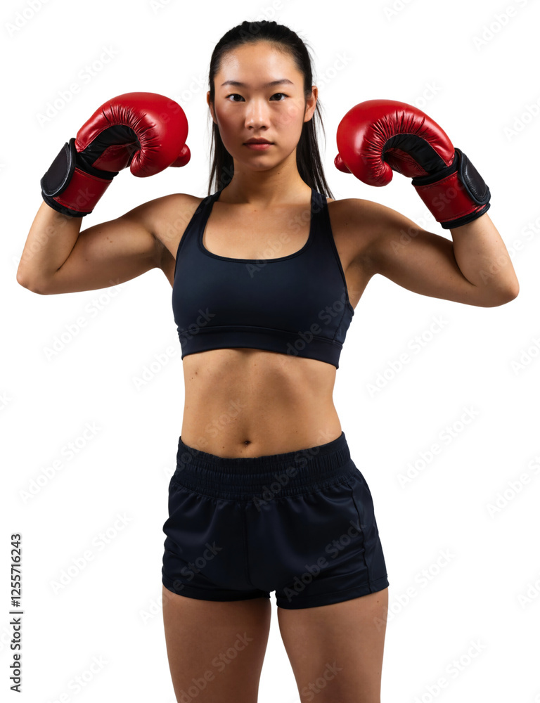 fit Asian woman with black hair, wearing a black sports bra and shorts, flexing in red boxing gloves. fit Asian woman with black hair, wearing a black sports bra and shorts, flexing in red boxing gloves.