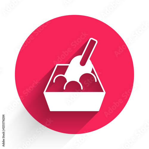 White Cat litter tray with shovel icon isolated with long shadow background. Sandbox cat with shovel. Red circle button. Vector