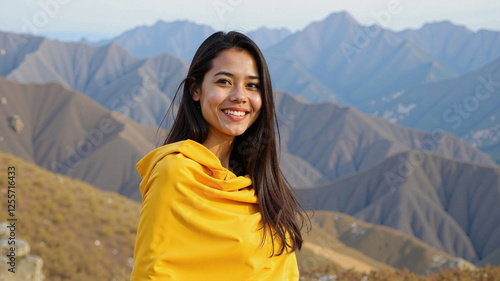 Portrait of a Asian woman in a yellow shawl against the backdrop of the mountains