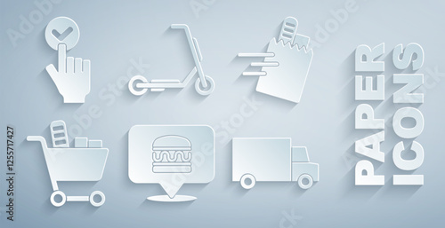 Set Online ordering burger delivery, and, Shopping cart food, Fast by, Scooter and icon. Vector