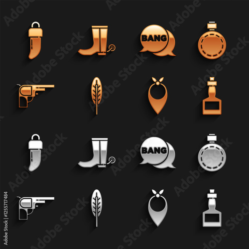 Set Indian feather, Canteen water bottle, Tabasco sauce, Cowboy bandana, Revolver gun, Bang boom, Comic, Tooth and boot icon. Vector