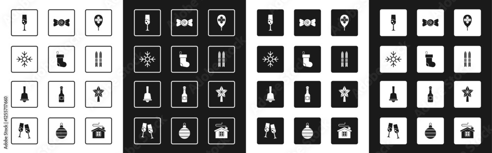 Set Balloons with snowflake, Christmas stocking, Snowflake, Glass of champagne, Ski and sticks, Candy, star and Merry ringing bell icon. Vector Set Balloons with snowflake, Christmas stocking, Snowflake, Glass of champagne, Ski and sticks, Candy, star and Merry ringing bell icon. Vector
