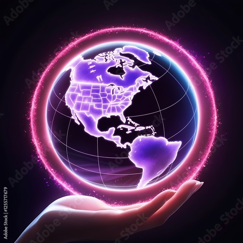 Glowing Purple Earth Globe with Hand Neon Light Circle
