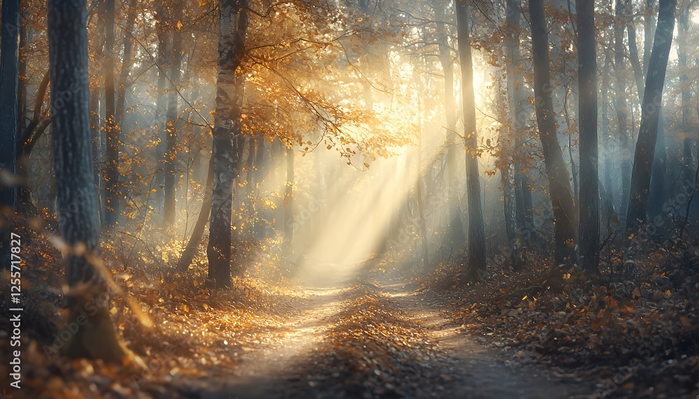 Obraz premium Dreamlike forest trail with autumn leaves blanketing the ground, sunlight filtering softly through the trees, rich earthy tones, cinematic focus on depth and texture