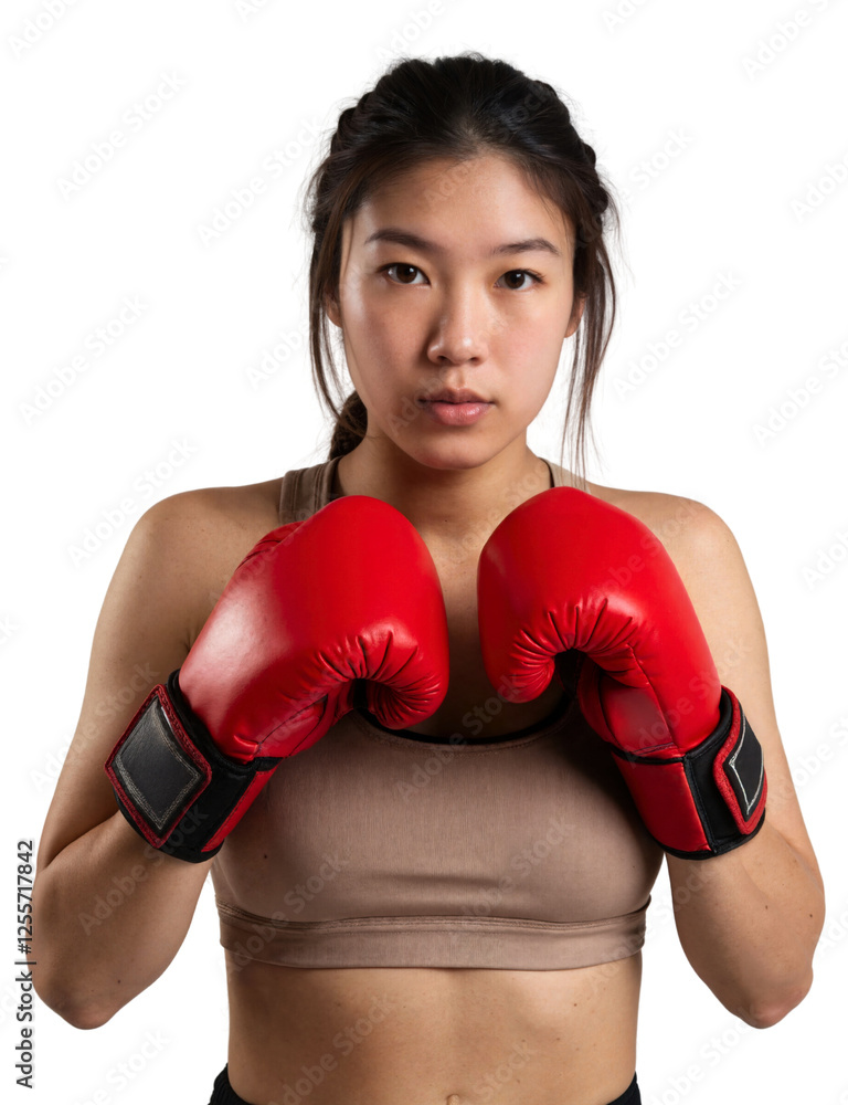 A woman with long dark hair, wearing a beige tank top and red boxing gloves, stands against a white background. A woman with long dark hair, wearing a beige tank top and red boxing gloves, stands against a white background.