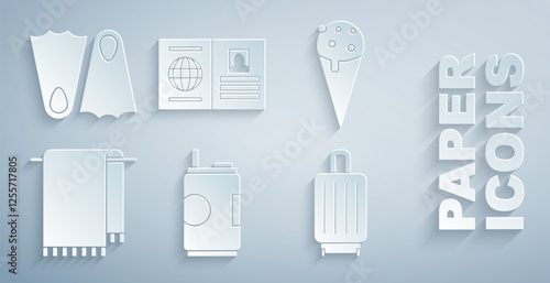 Set Soda can, Ice cream in waffle cone, Towel hanger, Suitcase, Passport and Rubber flippers icon. Vector