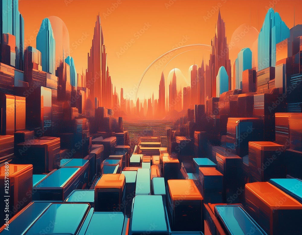 Obraz premium futuristic cityscape with an orange sky and buildings made of blue and orange blocks