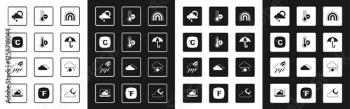 Set Rainbow, Meteorology thermometer, Celsius, Cloud with rain and sun, Umbrella, snow and cloud icon. Vector