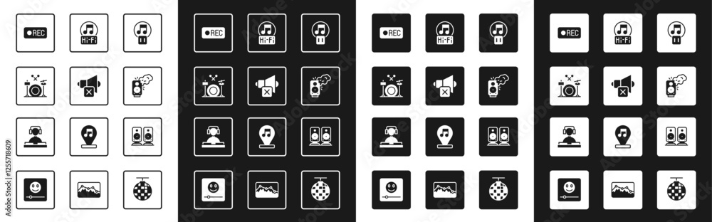 Set Pause button, Speaker mute, Drums, Record, Stereo speaker, Music note, tone, and DJ playing music icon. Vector Set Pause button, Speaker mute, Drums, Record, Stereo speaker, Music note, tone, and DJ playing music icon. Vector