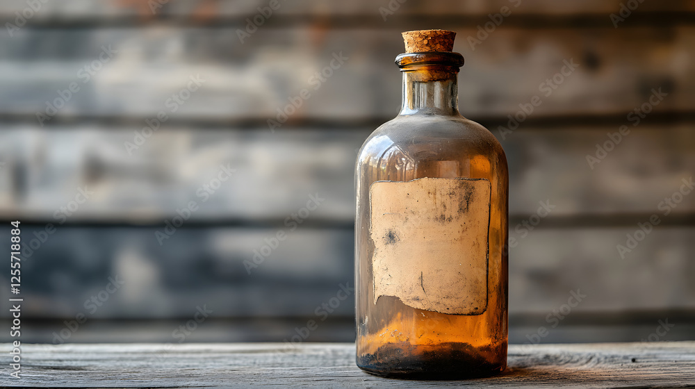 An old bottle with a cork stopper and a faded label on a rustic table. An old bottle with a cork stopper and a faded label on a rustic table.