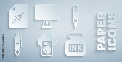 Set Cloud database, Pencil, Fountain pen nib, Inkwell, Computer monitor and Note paper with push button icon. Vector
