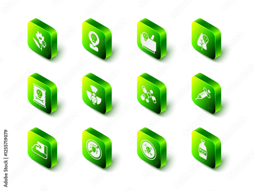 Set Radioactive in location, Mortar and pestle, Poison flower, Syringe, Poisoned alcohol, Chemical formula, Bones skull and Stop colorado beetle icon. Vector Set Radioactive in location, Mortar and pestle, Poison flower, Syringe, Poisoned alcohol, Chemical formula, Bones skull and Stop colorado beetle icon. Vector