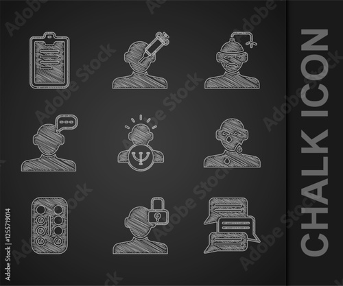 Set Psychology, Closed personality, Online psychological counseling, Tear cry eye, Sedative pills, Concussion, headache and Psychological test icon. Vector