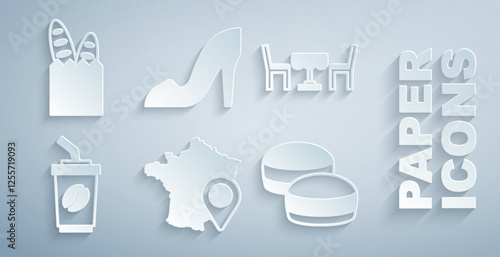 Set Map of France, French cafe, Coffee cup to go, Macaron cookie, Woman shoe and baguette bread icon. Vector