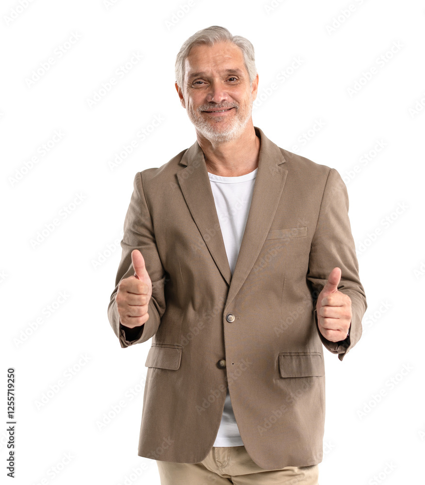 Happy middle aged business man, smiling older professional businessman leader showing thumbs up like gesture giving recommendation standing isolated on transparent Happy middle aged business man, smiling older professional businessman leader showing thumbs up like gesture giving recommendation standing isolated on transparent