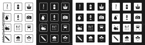 Set Picnic basket, Wine glass, Pear, Knife, Photo camera, Bottle of water, Barbecue grill and Fruit icon. Vector