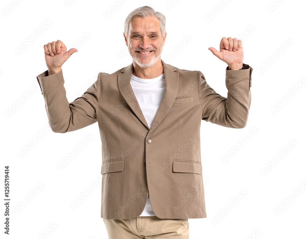 Smiling mature 40s old businessman with grey hair beard in casual, pointing at copy space for promo advertising. Businessman standing gesturing hand isolated on transparent background, looking camera Smiling mature 40s old businessman with grey hair beard in casual, pointing at copy space for promo advertising. Businessman standing gesturing hand isolated on transparent background, looking camera