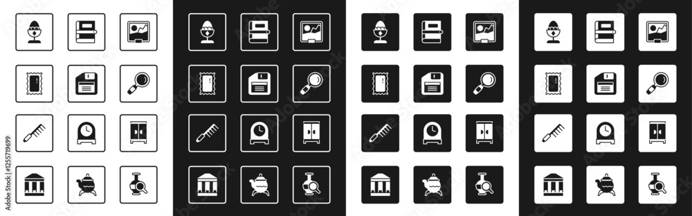 Set Picture, Floppy disk, Big full length mirror, Chicken egg on a stand, Magnifying glass, Book, Wardrobe and Hairbrush icon. Vector Set Picture, Floppy disk, Big full length mirror, Chicken egg on a stand, Magnifying glass, Book, Wardrobe and Hairbrush icon. Vector