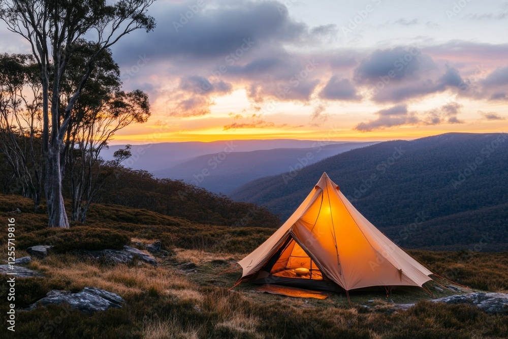 A backpacker tent set up in a scenic national park A backpacker tent set up in a scenic national park