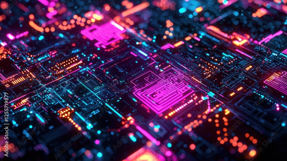 Abstract circuit board design, vibrant neon colors, digital technology background, glowing lines and points, complex network patterns, detailed circuit layout, futuristic technology visualization. Abstract circuit board design, vibrant neon colors, digital technology background, glowing lines and points, complex network patterns, detailed circuit layout, futuristic technology visualization.