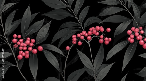 Botanical Illustration of Vibrant Pink Berries and Dark Green Leaves on Black Background