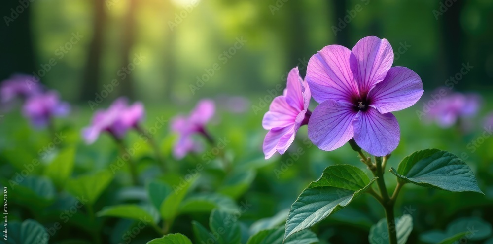 Large purple blooms dominate the landscape of dense green leaves, plant, nature Large purple blooms dominate the landscape of dense green leaves, plant, nature