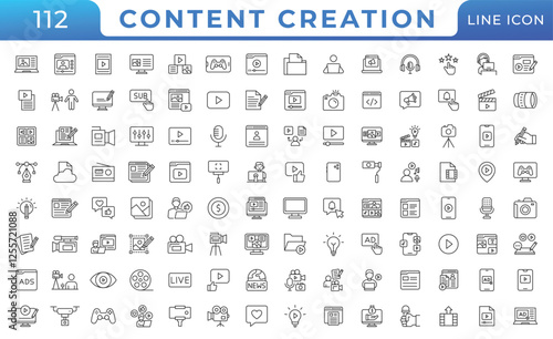 Content creation line icons set. Related social media, video editing, photography, graphic design, writing, podcasting, and more vector illustration.