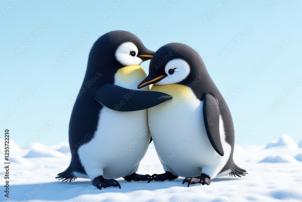 Naklejka premium Two adorable penguins standing on snow, expressing affection under clear blue sky