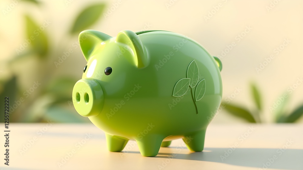 Fototapeta premium 3D Green Piggy Bank with Leaf Accent