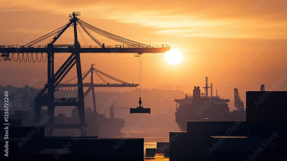 Obraz premium Transportation business logistics at a bustling port sunrise view