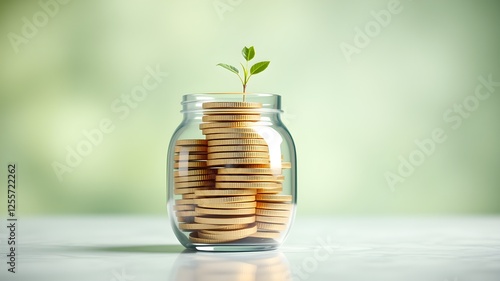 3D Glass Jar with Coins and Plant Sprout photo