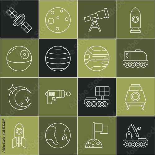 Set line Mars rover, Telescope, Planet Venus, Death star, Satellite and icon. Vector