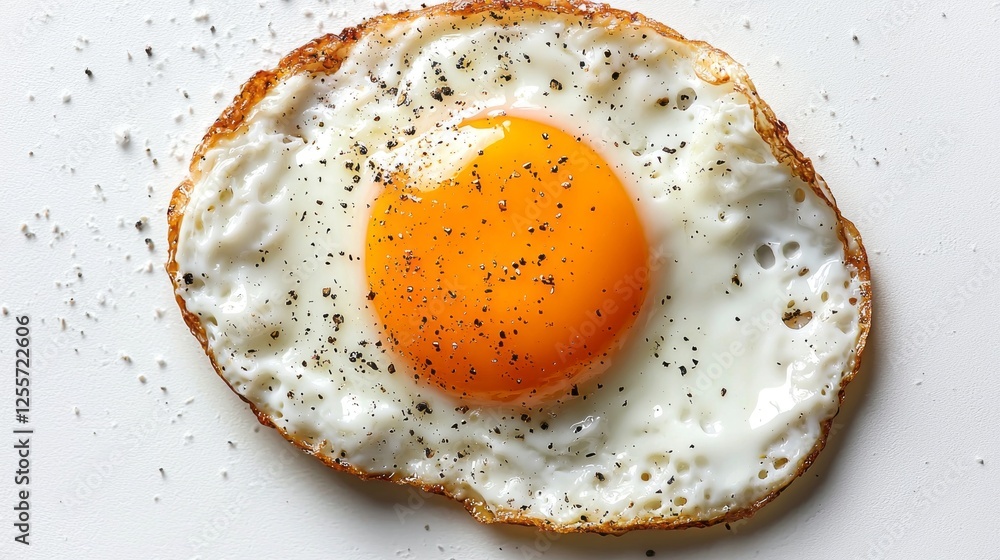 This sumptuous fried egg showcases a vibrant yolk surrounded by golden-brown edges and fluffy whites, ideal for breakfast recipes, food styling, and culinary presentations