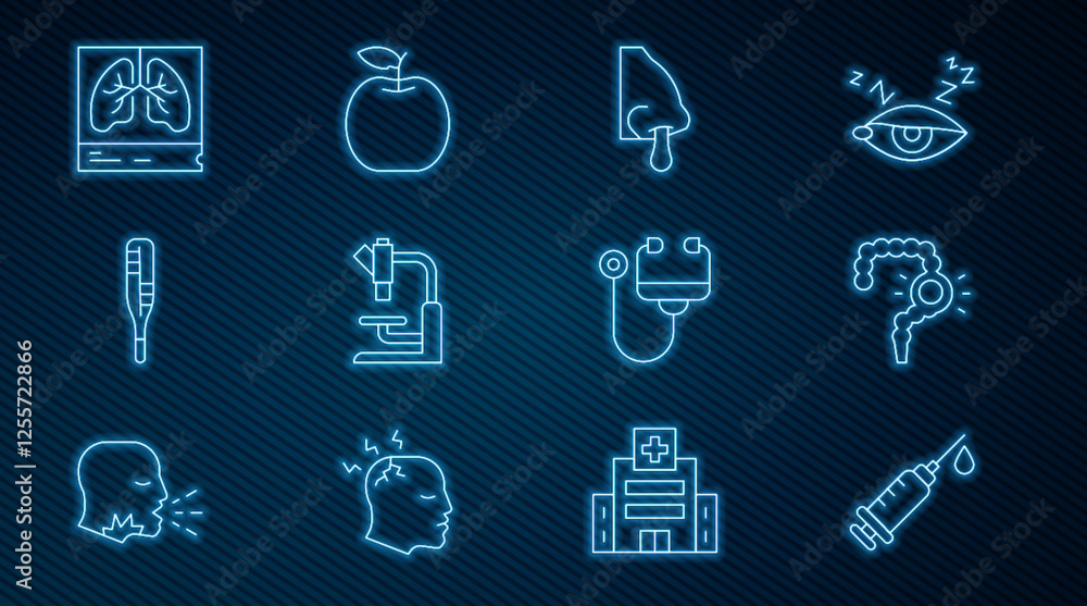 Set line Syringe, Gut constipation, Runny nose, Microscope, Medical thermometer, Lungs x-ray, Stethoscope and Apple icon. Vector Set line Syringe, Gut constipation, Runny nose, Microscope, Medical thermometer, Lungs x-ray, Stethoscope and Apple icon. Vector