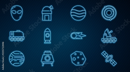 Set line Satellite, Mars rover, Planet, Rocket ship, Alien, Comet falling down fast and Astronomical observatory icon. Vector