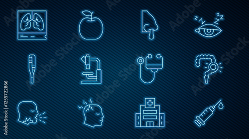 Set line Syringe, Gut constipation, Runny nose, Microscope, Medical thermometer, Lungs x-ray, Stethoscope and Apple icon. Vector