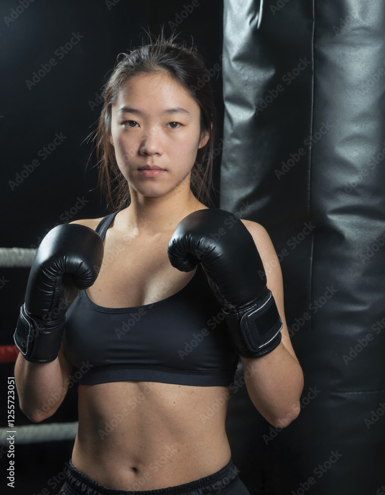 Asian woman in a boxing gym, wearing a black sports bra and shorts, with black boxing gloves, standing confidently in front of a punching bag. Asian woman in a boxing gym, wearing a black sports bra and shorts, with black boxing gloves, standing confidently in front of a punching bag.