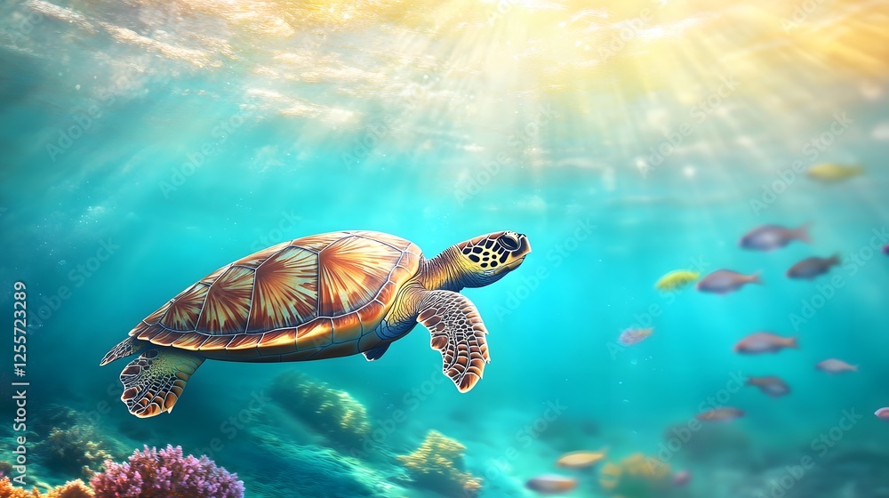 Obraz premium Sea Turtle Gracefully Swimming Underwater Amidst Coral Reef
