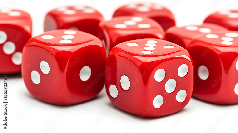 Red dice scattered on white background; chance, luck, gambling concept Red dice scattered on white background; chance, luck, gambling concept