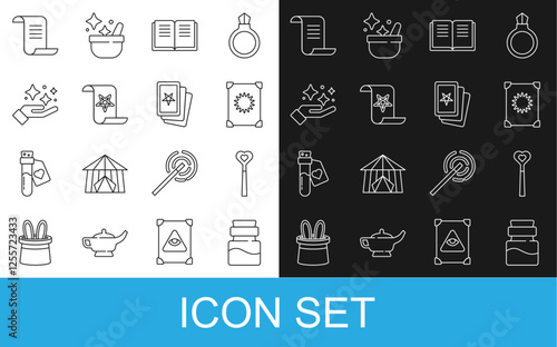 Set line Bottle with potion, Magic wand, Ancient magic book, Sparkle stars trick, and Three tarot cards icon. Vector