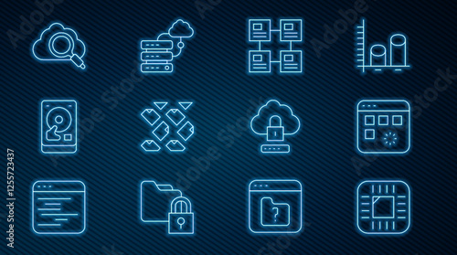 Set line Processor with CPU, Loading data window, Hierarchy organogram chart, Data stream, Hard disk drive HDD, Search cloud computing, Cloud lock and Network connection icon. Vector