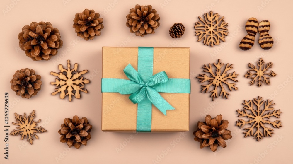 Decorative Gift Box Surrounded by Pinecones and Snowflake Ornaments on a Soft Background Decorative Gift Box Surrounded by Pinecones and Snowflake Ornaments on a Soft Background
