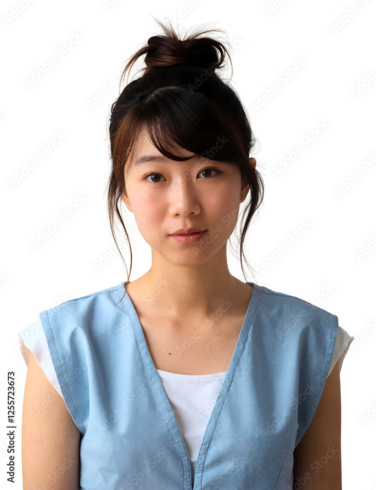 Asian woman with medium brown hair styled in a top knot, wearing a blue V-neck dress. Asian woman with medium brown hair styled in a top knot, wearing a blue V-neck dress.