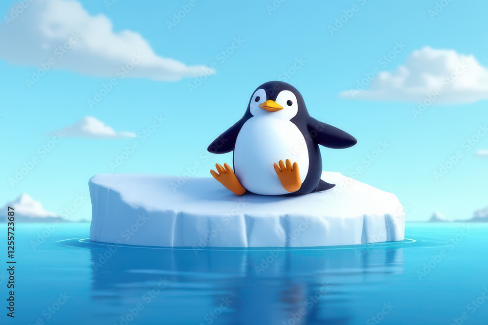 Fototapeta premium cute penguin sits on floating ice sheet in calm, blue ocean under sunny sky